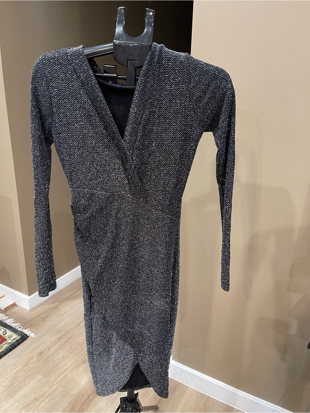 Foreign Exchange Sparkle Knit High-Low Wrap Dress in Charcoal